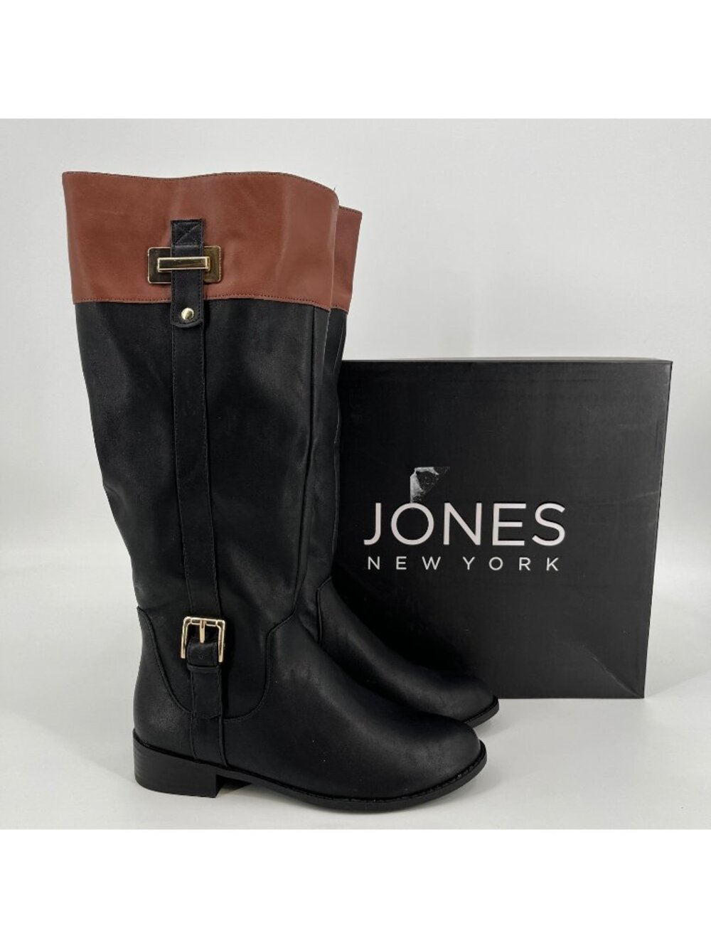 Jones New York Leodenn Knee High Boots Black Cognac Size 6M Synthetic Zip Buckle